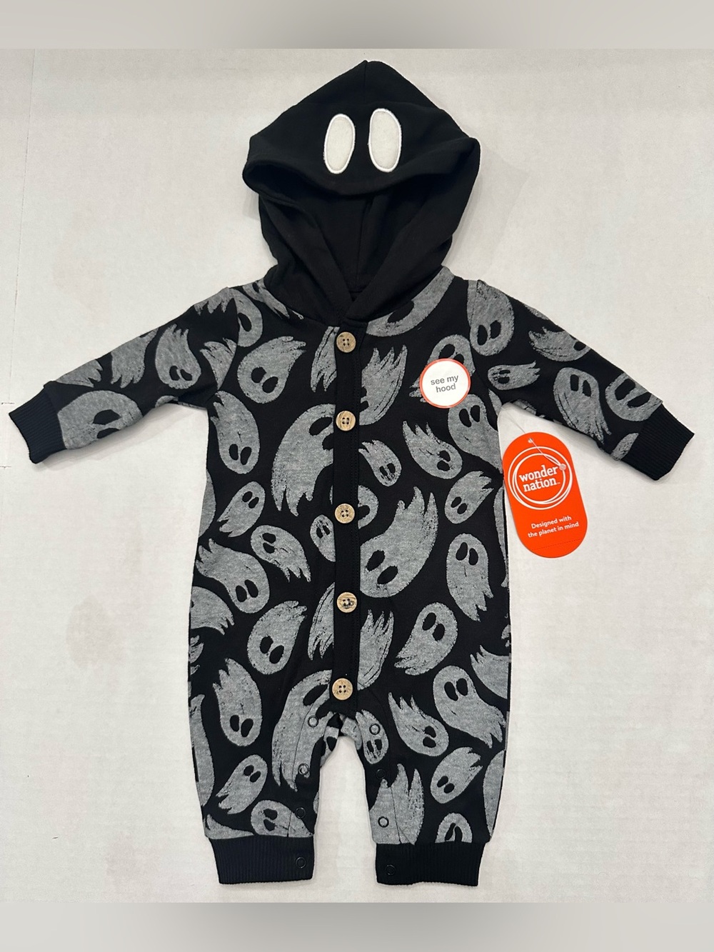 Wonder Nation Black Infant Baby Halloween Ghost Hooded Romper Unisex Sz 0-3M NWT